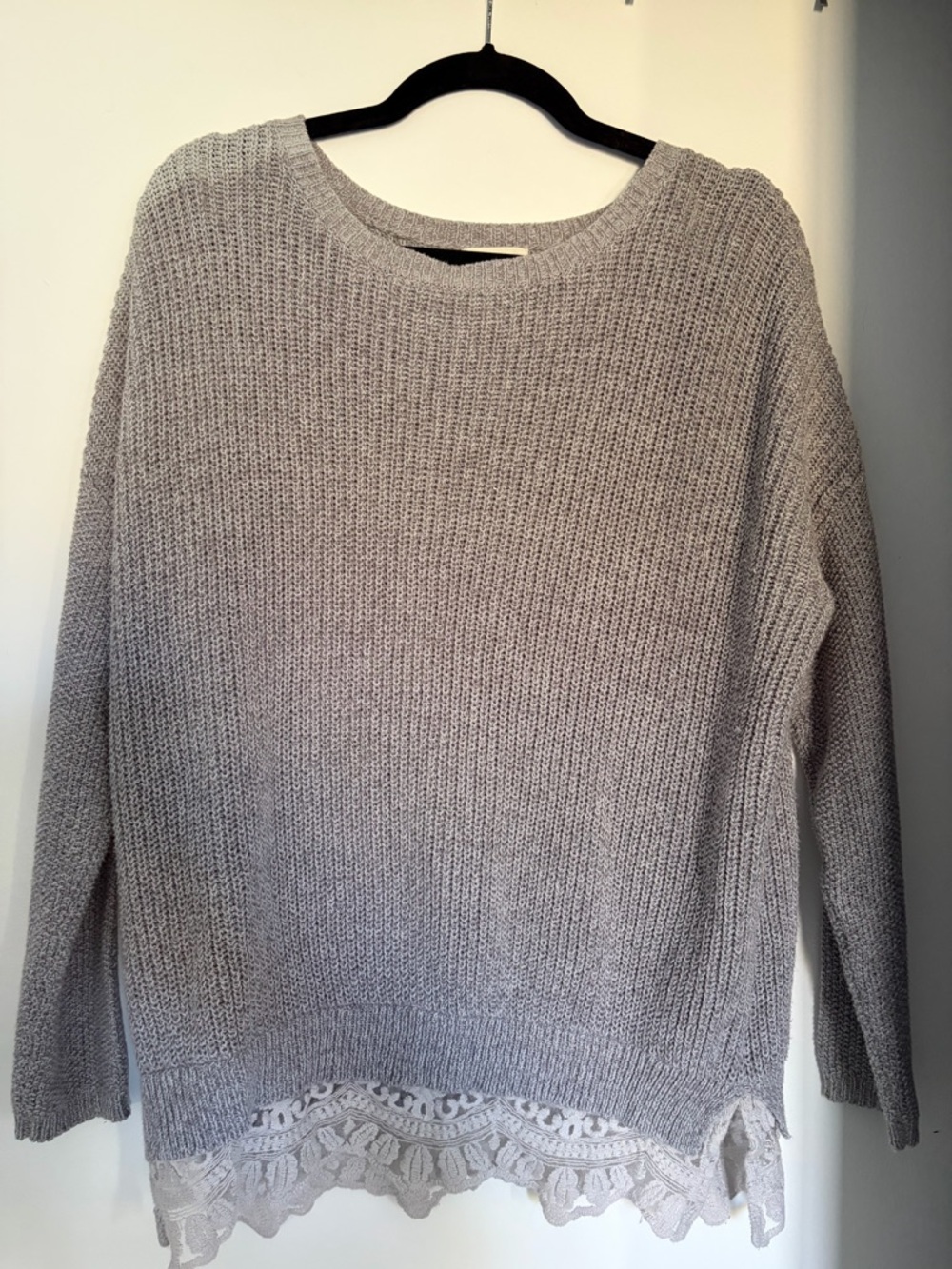 Urban Outfitters Gray Knit Crewneck Sweater with Cream Lace Trim